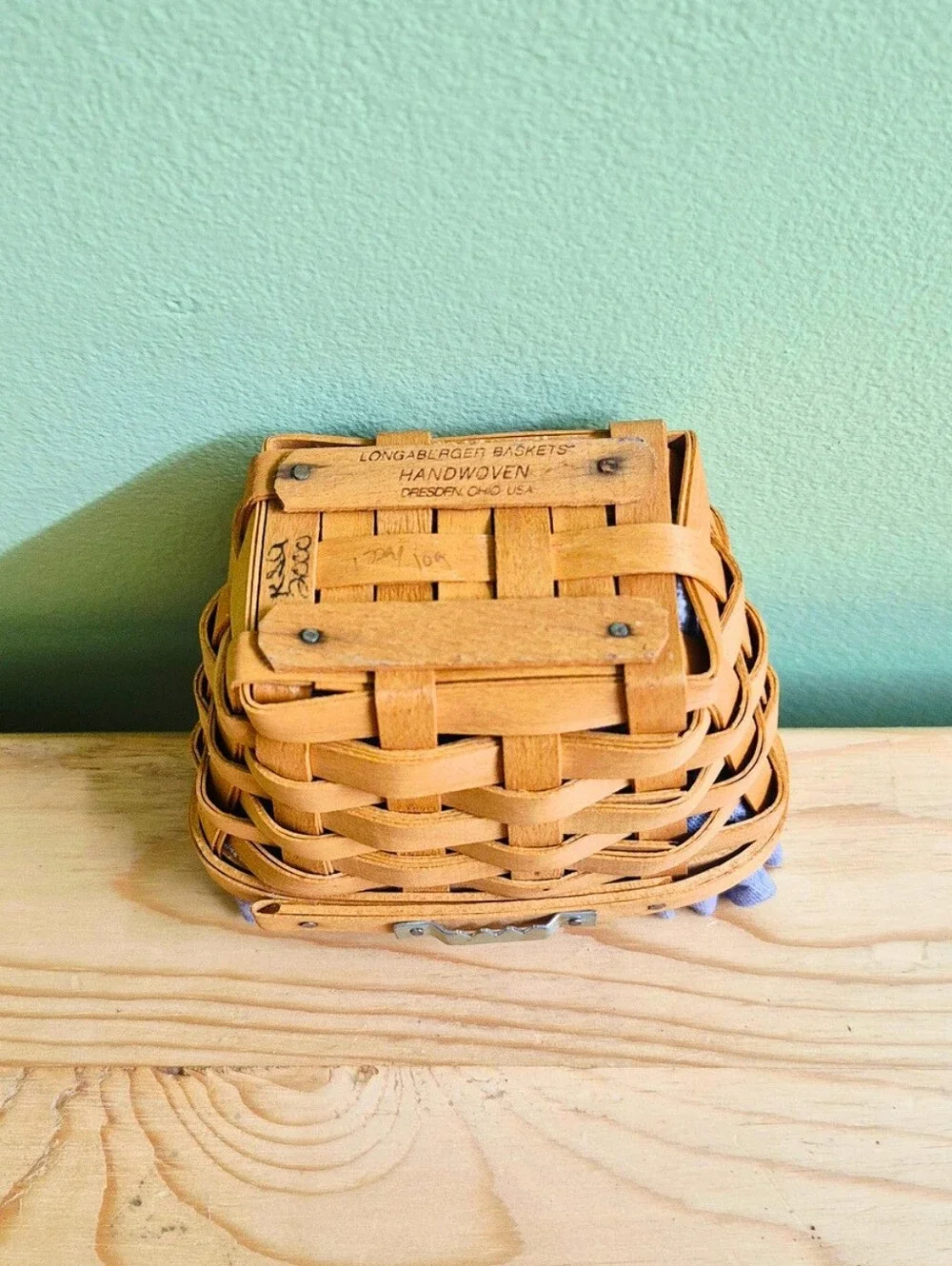 Vintage 2000 Longaberger Oregano Booking Basket with Blue Ruffled Fabric Liner